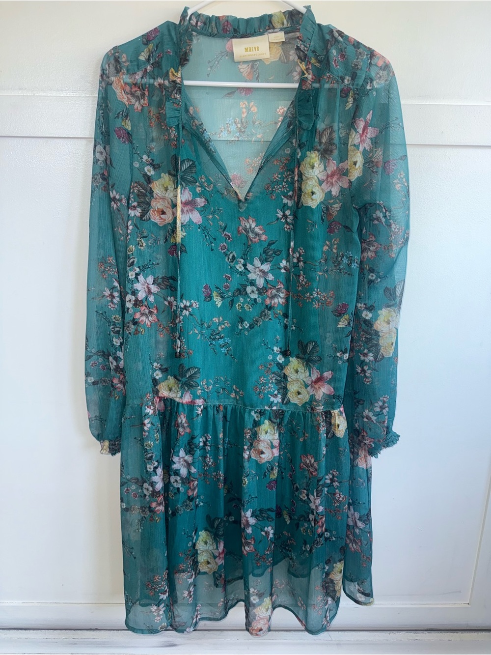 Anthropologie Maeve Emmy Tunic Floral Dress Size XS‎ Long Sleeve Teal Boho Lined